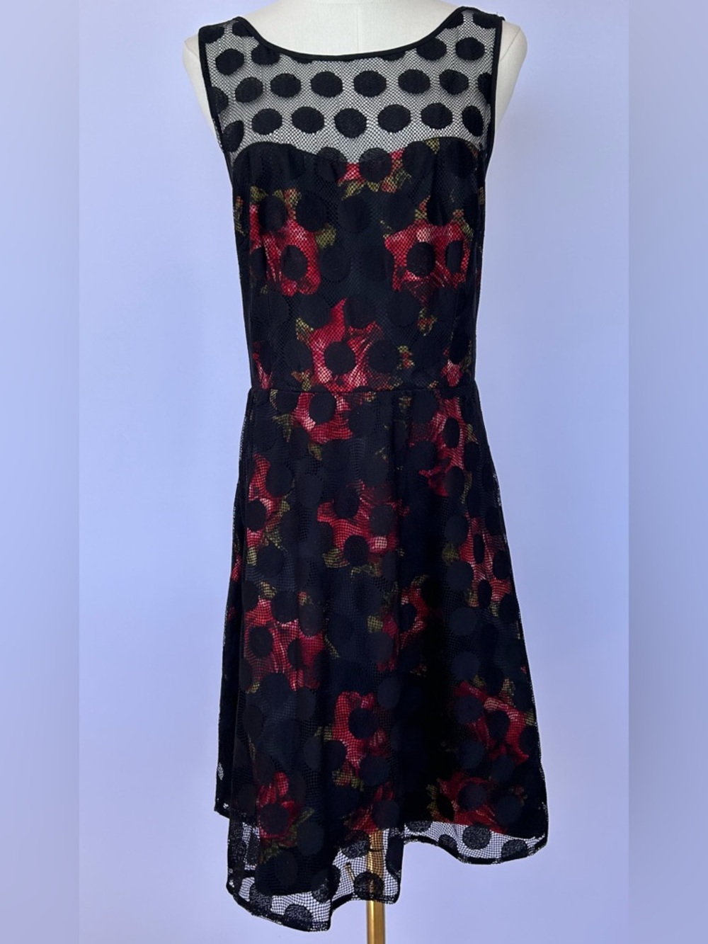 Betsey Johnson Women’s Fit & Flare Floral Dress Black Polka Dot Mesh Overlay